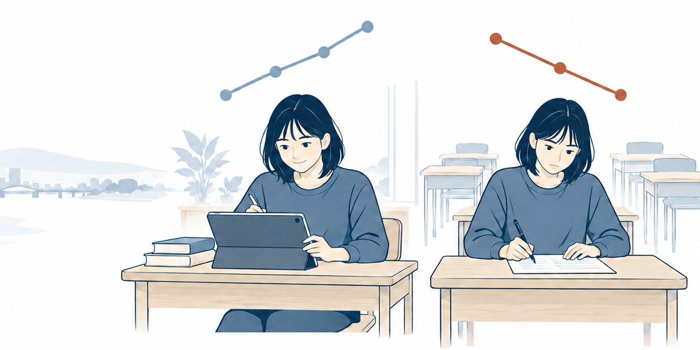 タブレットで練習して伸びる折れ線と、紙の試験で下がる折れ線。同じ生徒の2つの場面