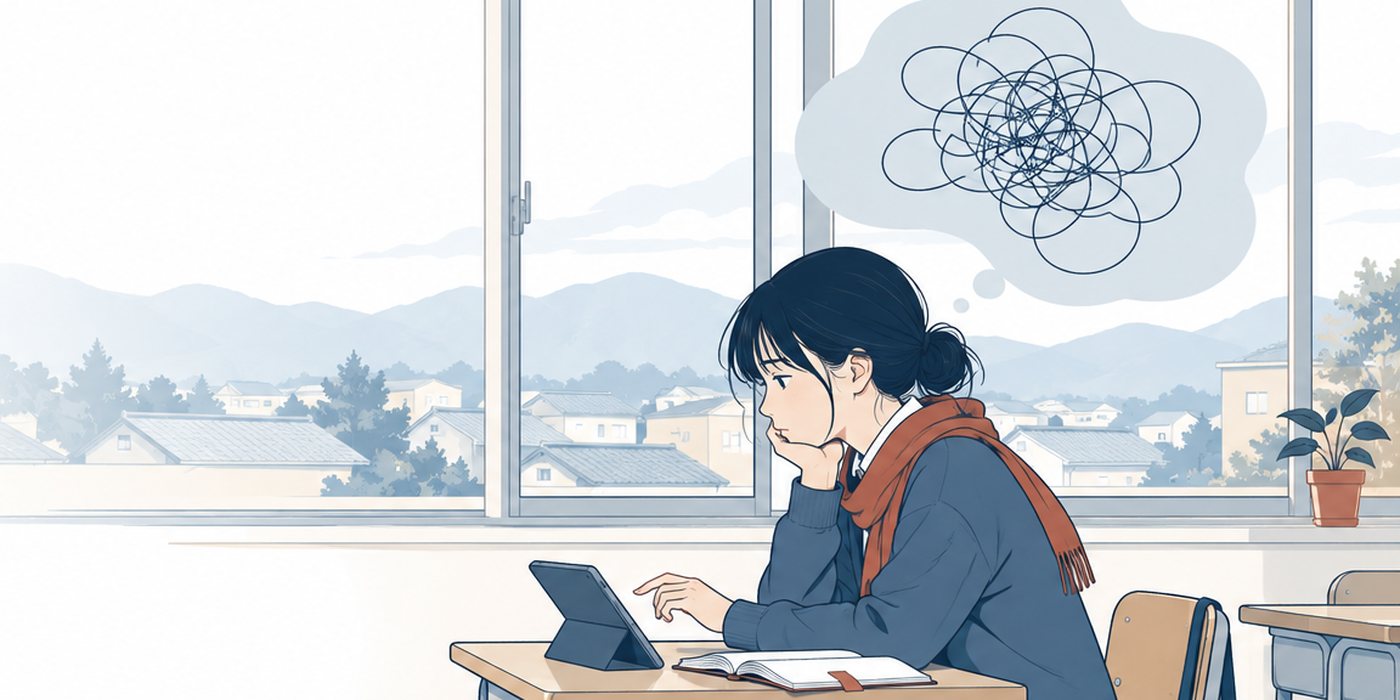 教室の机でタブレットの上に手を止める生徒。頭の後ろに線のもつれた雲。机の上に開いたノート