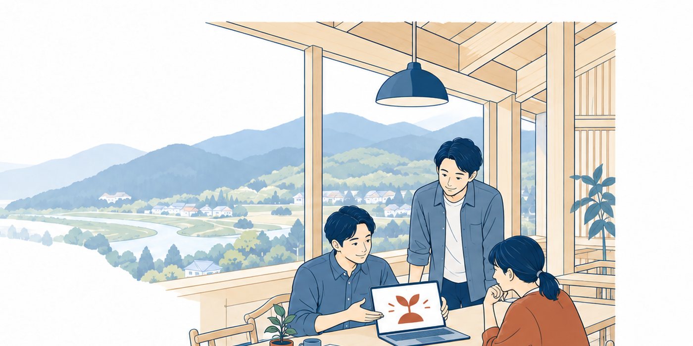 山あいの木のオフィスで、3人の事業者がノートパソコンの画面に映った芽のマークを見ている。窓の外に四国の丸い山と川